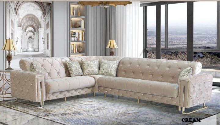 Luxury Sophire Turkish Velvet Sofa Cream and Gold Corner with Storage