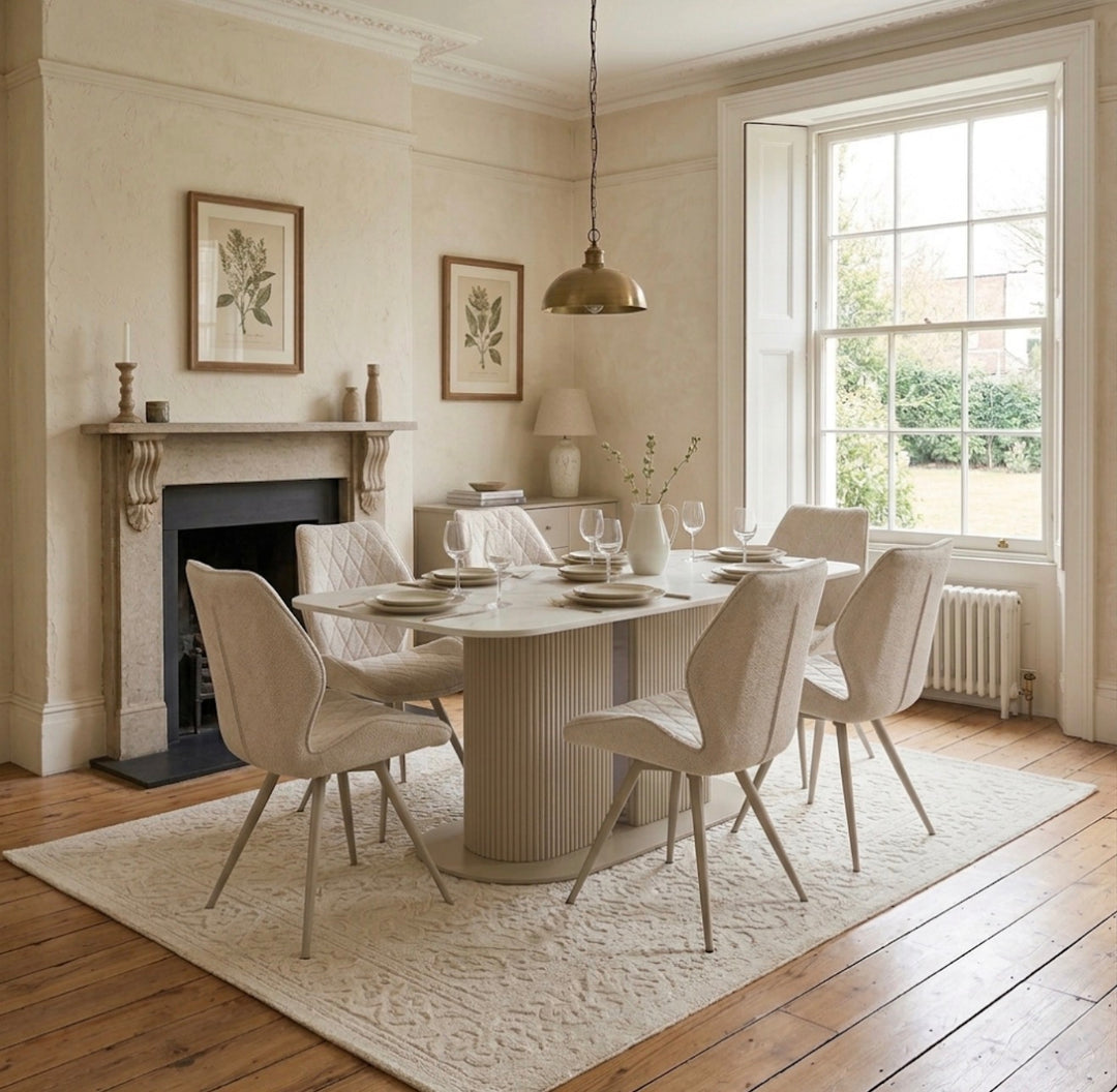 Alsager Cream Ceramic Dining Table with Cambridge Beige Dining Chairs – Modern 4 & 6 Seater Dining Set