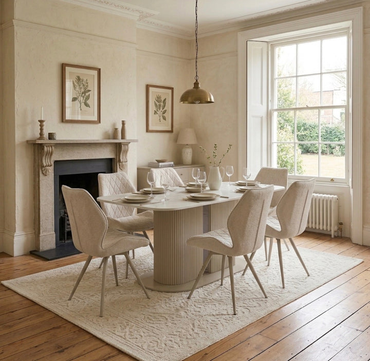 Alsager Cream Ceramic Dining Table with Cambridge Beige Dining Chairs – Modern 4 & 6 Seater Dining Set