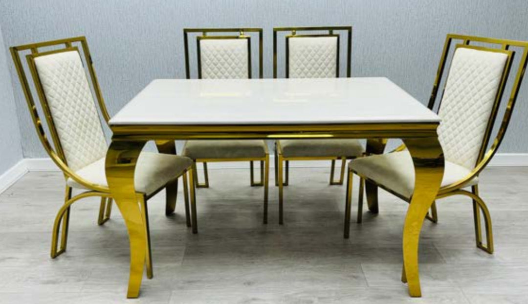 Louis Marble Dining Table Cream Windsor Gold Dining Chairs Cream