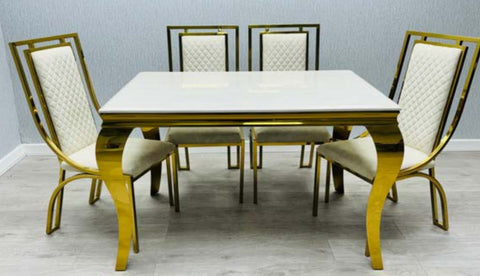 Louis Marble Dining Table Cream + Windsor Gold Dining Chairs Cream & Gold