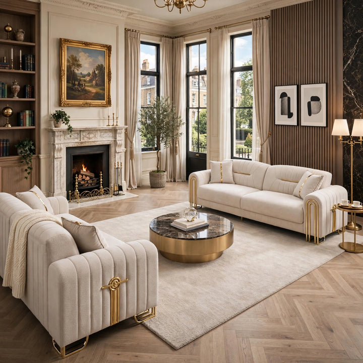 Mona Turkish Cream Sofa Set with Gold Trim – 3 Seater, 2 Seater | Luxury Living Room Furniture UK