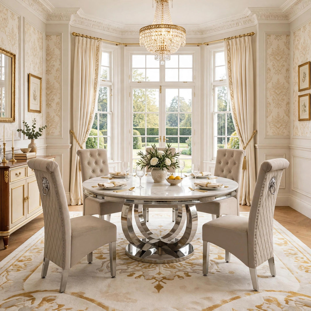 130cm Round Pedestal Dining Table With Sofia Lion Knocker Chairs 6 Seater