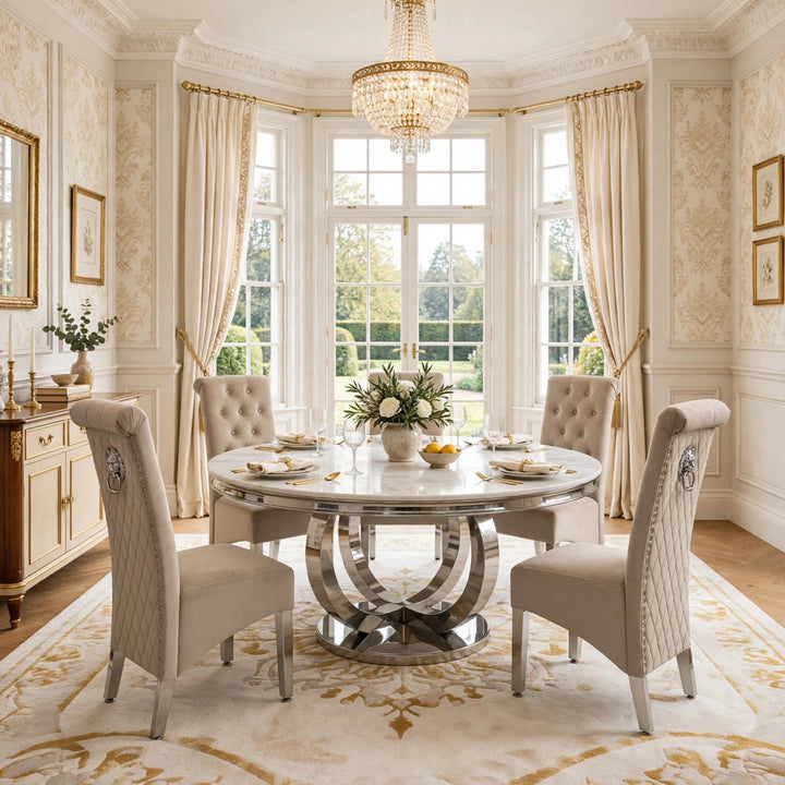130cm Round Pedestal Dining Table With Sofia Lion Knocker Chairs 6 Seater