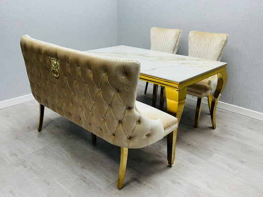 Sofia Marble Cream And Gold Dining Table With Victoria Cream And Gold Bench And Victoria Cream and Gold Lion Knocker Chairs