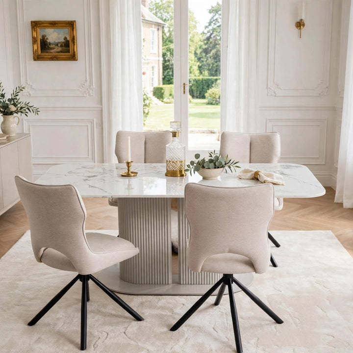 Alasgar Marble Dining Table 160cm White & Cream Pedestal Table with Roseland Beige 360 Swivel Chair Velvet Swivel Chairs Dining Set