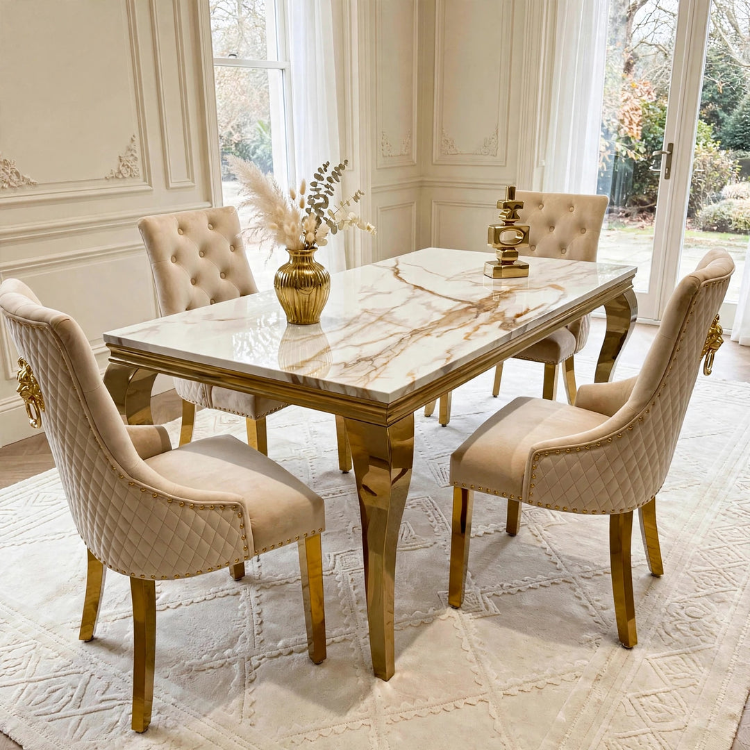 Louise White And Gold Marble Dining Table with Mink & Gold Lion Knocker Velvet Chairs – 4, 6 & 8 Seater