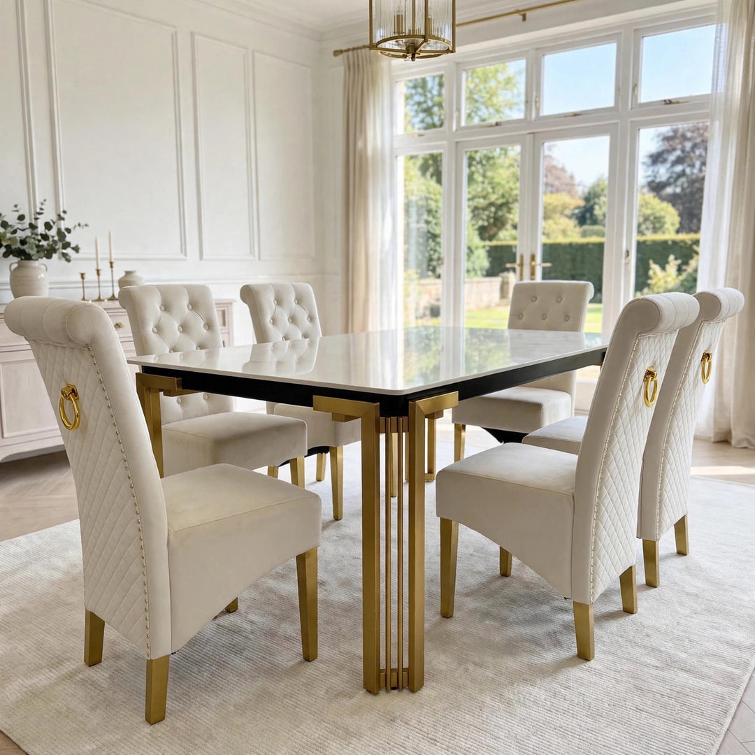 Sorrento White & Gold Marble Dining Table with Sofia Cream & Gold Velvet Dining Chairs
