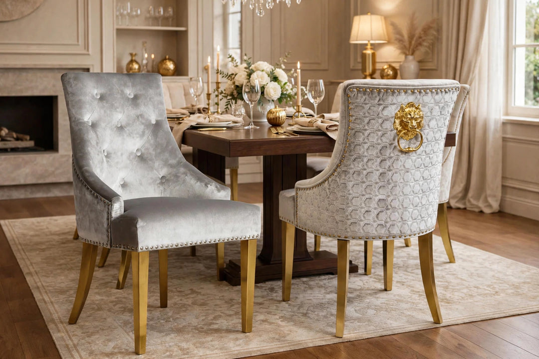 Majestic Light Grey Silver & Gold Dining Chair Lion Knocker| Set Of 2