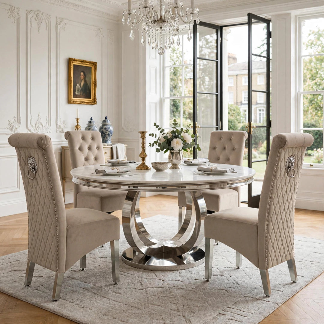 130cm Round Pedestal Dining Table With Sofia Lion Knocker Chairs 6 Seater