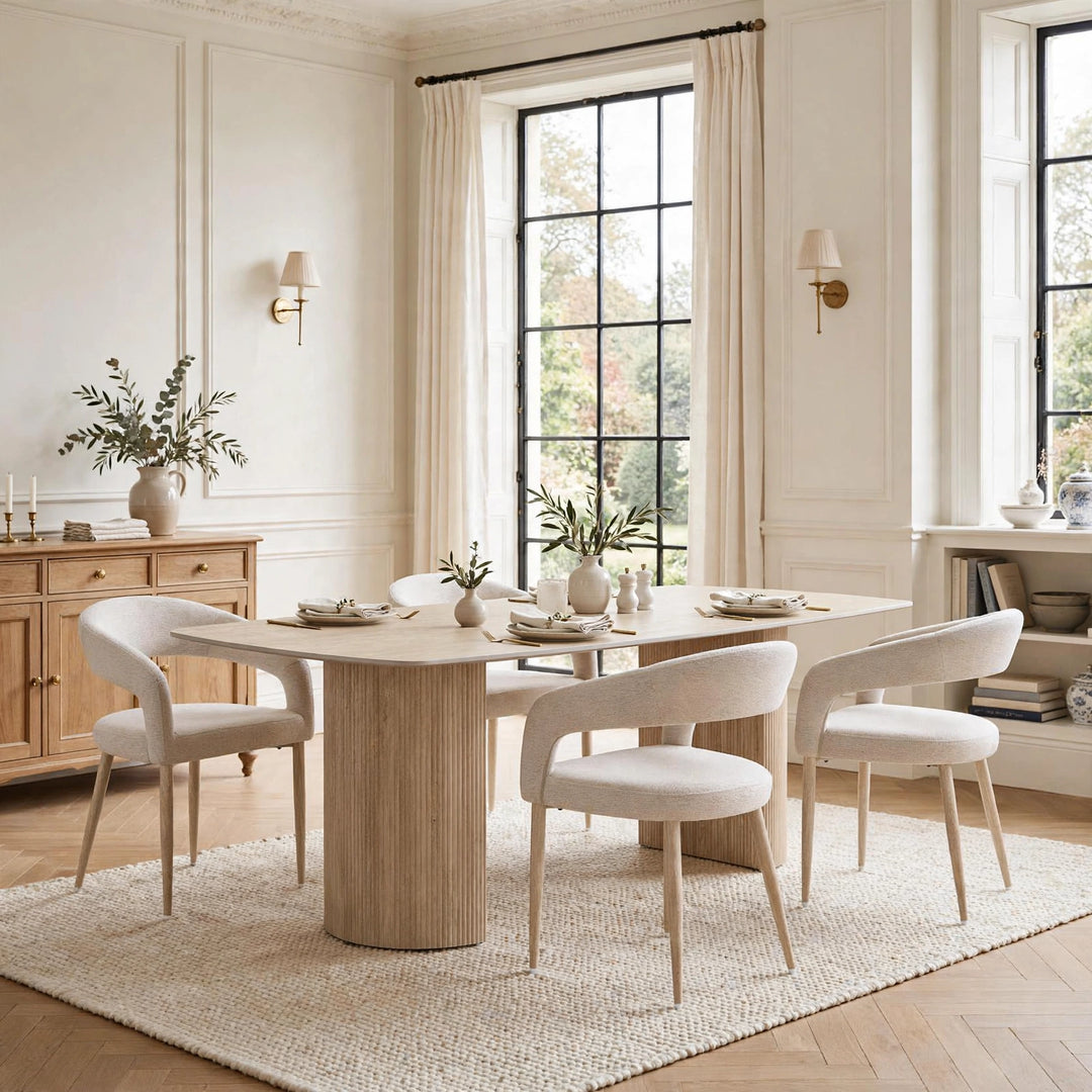 160cm Olympia Beige Ceramic Marble Dining Table with Beige Velvet Chairs – 4 Seater & 6 Seater