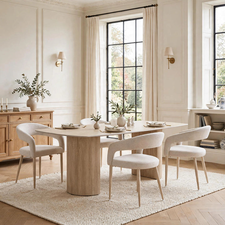 160cm Olympia Beige Ceramic Marble Dining Table with Beige Velvet Chairs – 4 Seater & 6 Seater