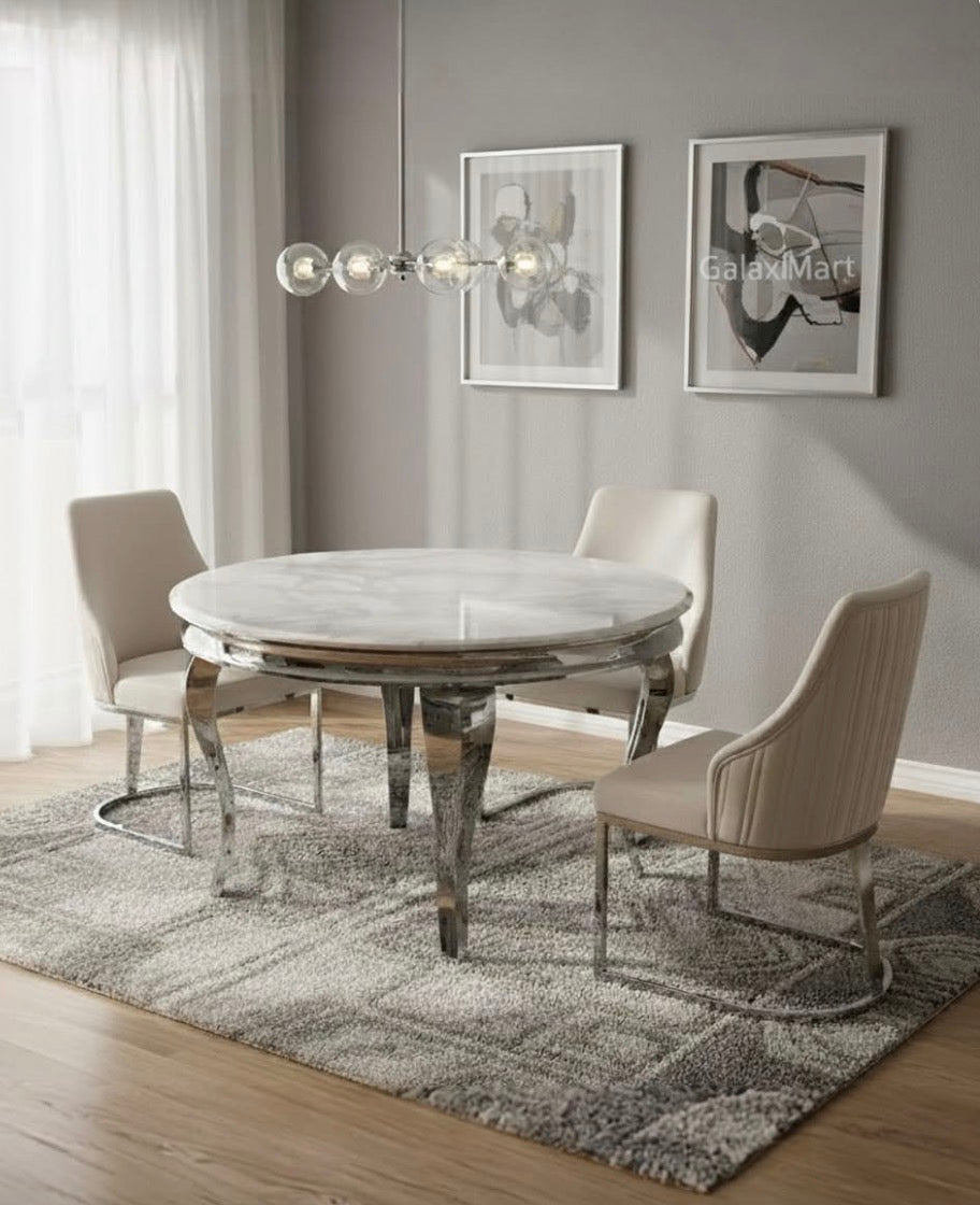 1.1M & 1.3M Grey Round Dining Table + 4 Lasco Dark Grey Dining Chairs