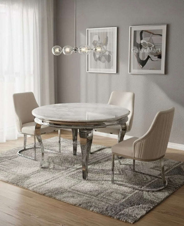 1.1M & 1.3M Grey Round Dining Table + 4 Lasco Dark Grey Dining Chairs
