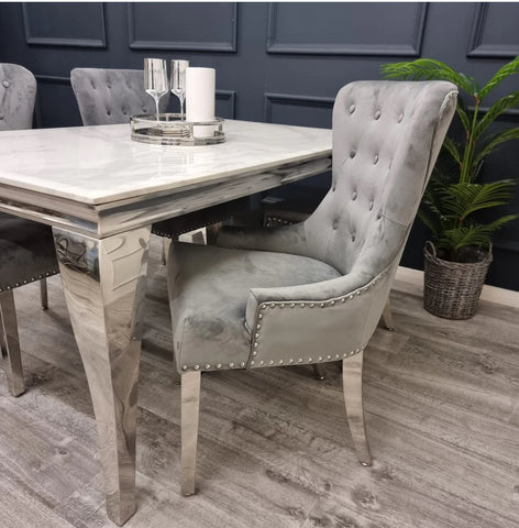 Louis 180cm Grey Marble Dining Table + Megan Dark Grey Knocker Plush Velvet Chairs