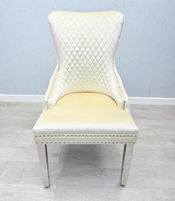 Louise Cream Marble Dining Table Set With Victoria Cream Lion knocker Chairs