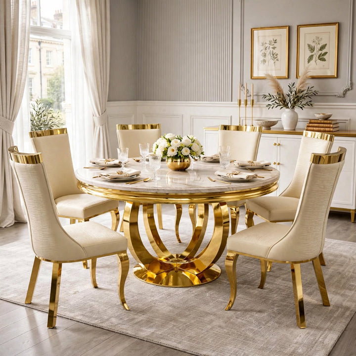 130cm Round Gold Dining Table With 6 Roxby Cream And Gold Velvet Chairs – Luxury Marble Dining Set