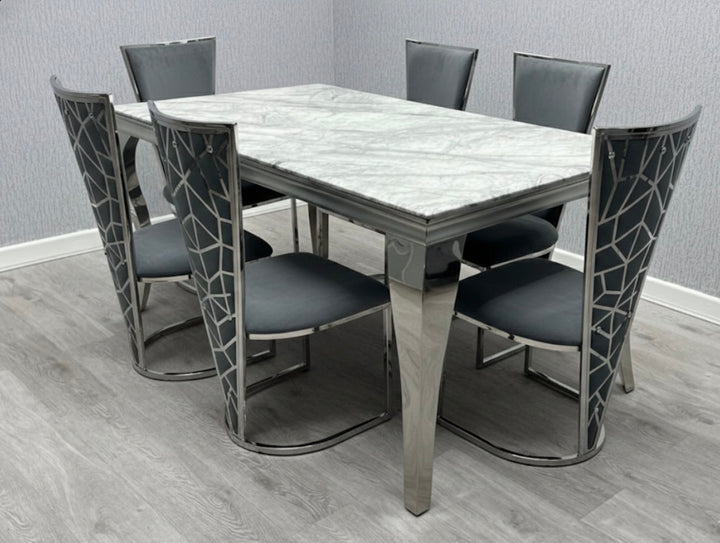 Louise Grey Marble Dining Table with Vienna Dark Grey Chairs | Modern Marble Dining Set
