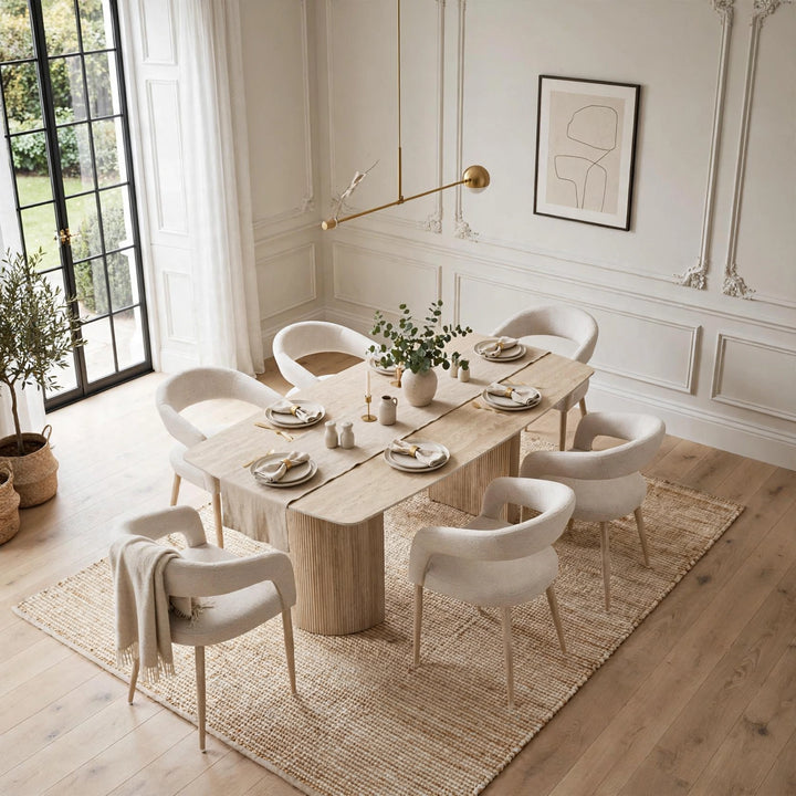 160cm Olympia Beige Ceramic Marble Dining Table with Beige Velvet Chairs – 4 Seater & 6 Seater