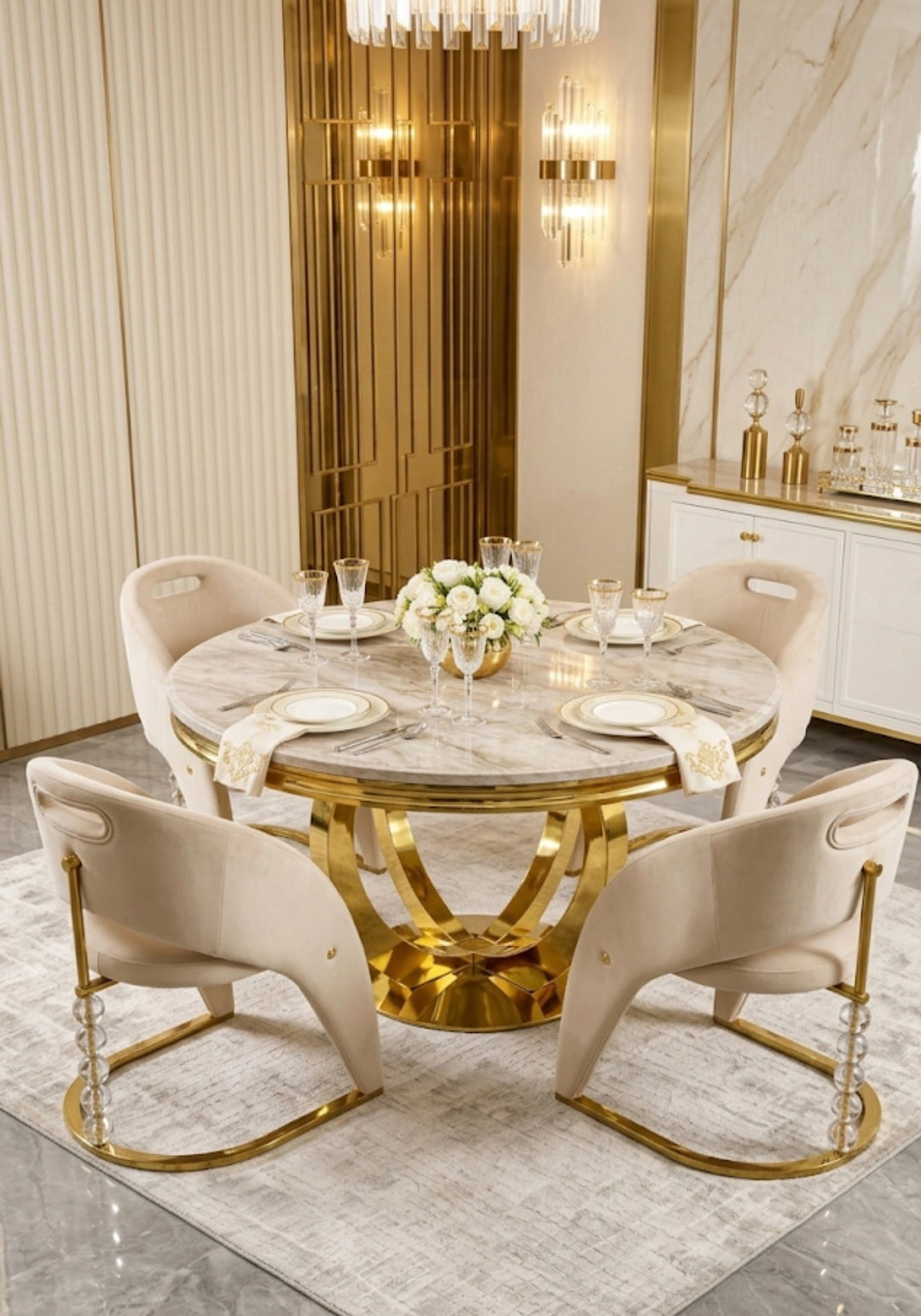 130cm Chelsea Round Dining Table with Rome Crystal Chairs – Cream & Gold | Luxury Dining Set