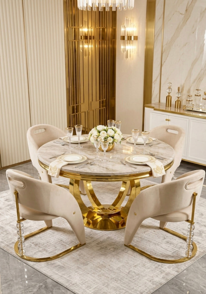 130cm Chelsea Round Dining Table with Rome Crystal Chairs – Cream & Gold | Luxury Dining Set
