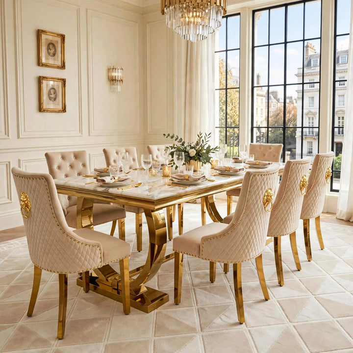 Arianna White & Gold Marble Dining Table With Mink & Gold Velvet Lion Knocker Chair- 4,6 or 8 Seater