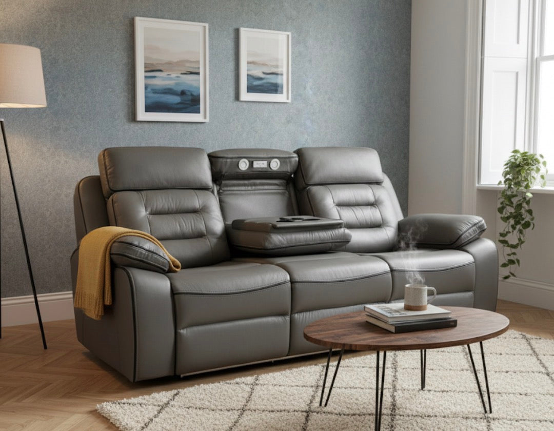 Hifsa 3 Seater Grey Leather Electric Recliner Sofa with Cup Holders,Speaker, LED Lights & Wireless Charger, USB Port