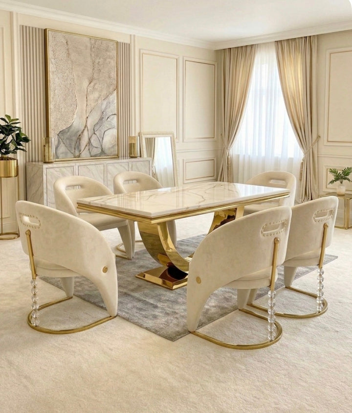 London Gold Marble Dining Table Set with California Cream & Gold Dining Chairs | Luxury UK Dining Furniture