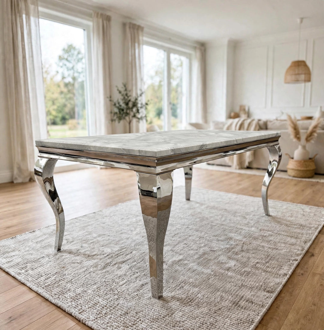 Louise Light Marble Dining Table with Dark Grey Velvet Dining Chairs – 4, 6 & 8 Seater
