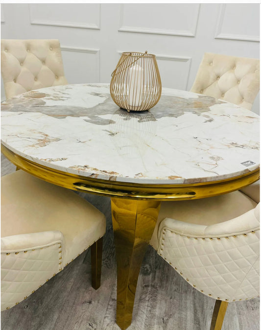 Louis 130cm Round Cream & Gold Marble Dining Table + Majestic Cream Gold Lion Knocker Dining Chairs