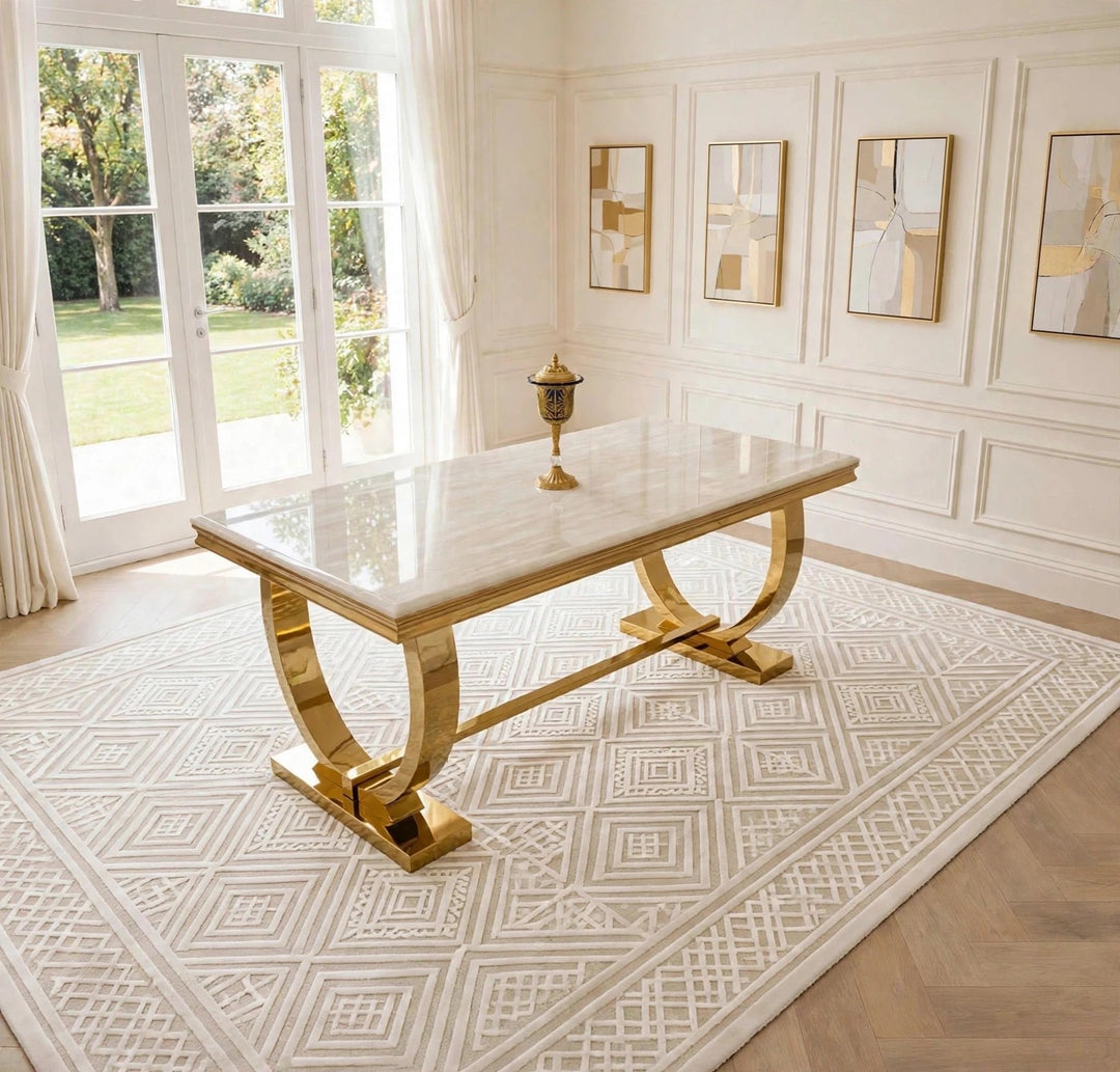 Arianna Cream Gold Marble Dining Table – Luxury Modern Gold Base, 160cm, 180cm & 200cm