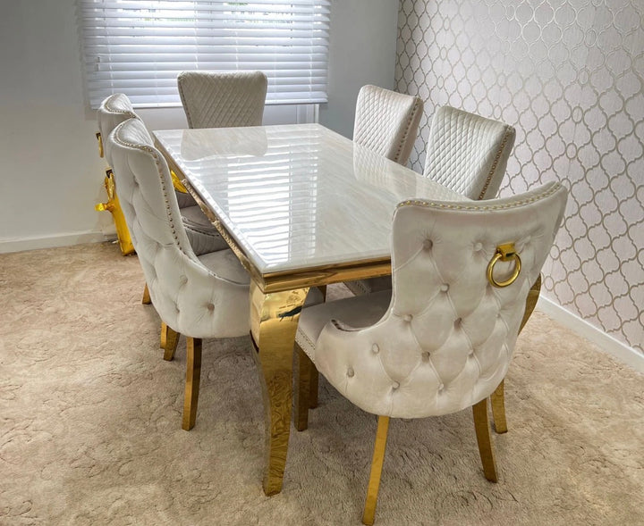 Louise Black And Gold Marble Dining Table + Victoria Black And Gold Dining Chairs Ring Knocker