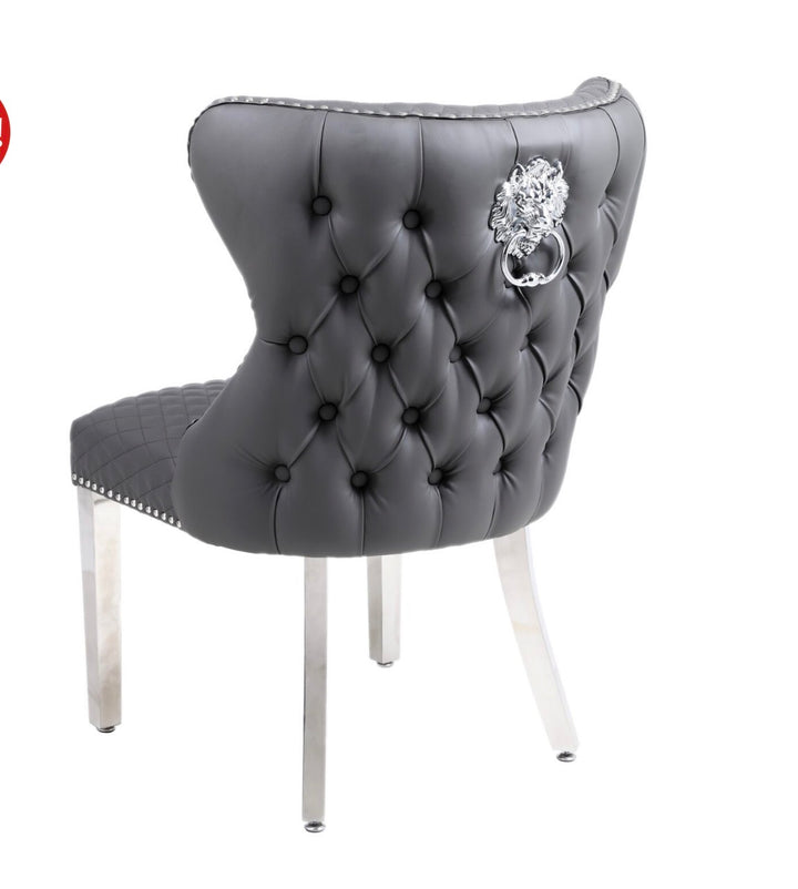 Rose 180cm Grey Marble Dining Table With Valentino Dark Grey Dining Chairs Lion Knocker