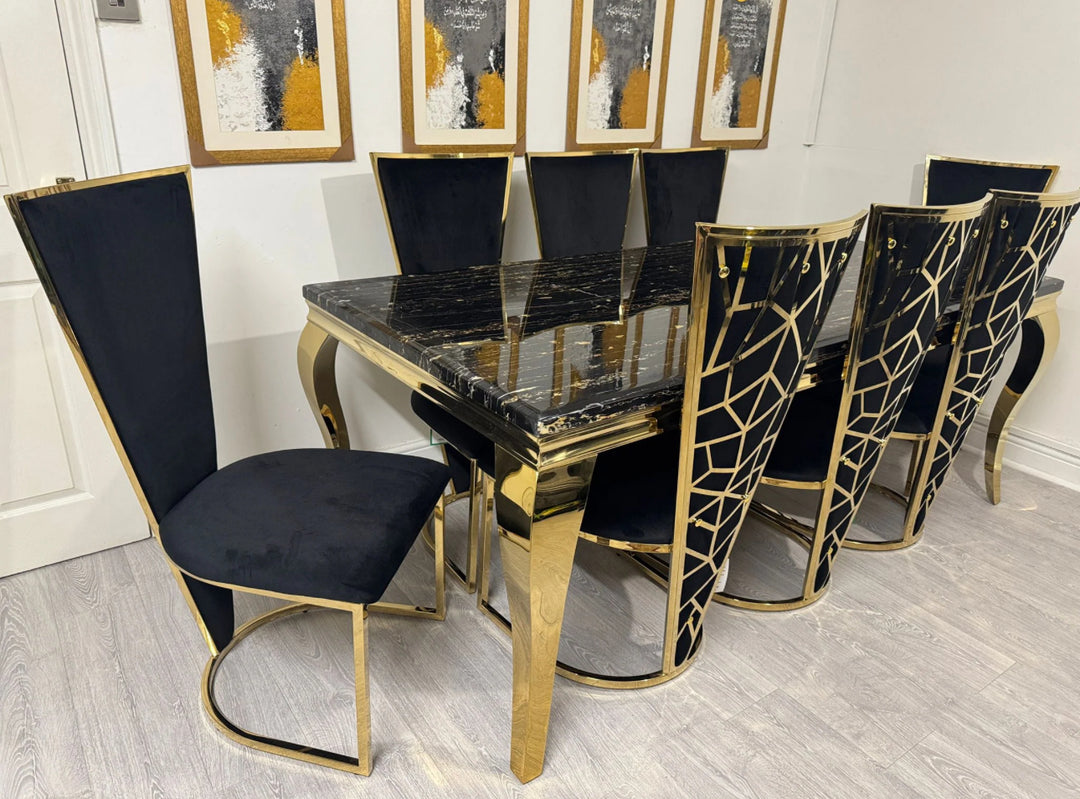 Louis Black And Gold Dining Table + Rose Black And Gold Dining Chairs