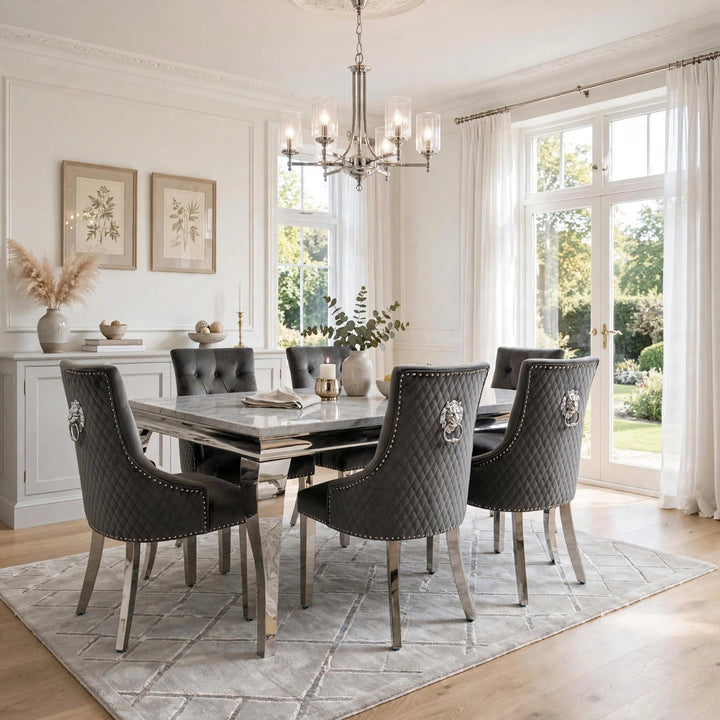 Louise Light Marble Dining Table with Dark Grey Velvet Dining Chairs – 4, 6 & 8 Seater