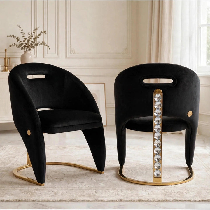 130cm Chelsea Round Dining Table with Rome Crystal Chairs – Black & Gold | Luxury Dining Set