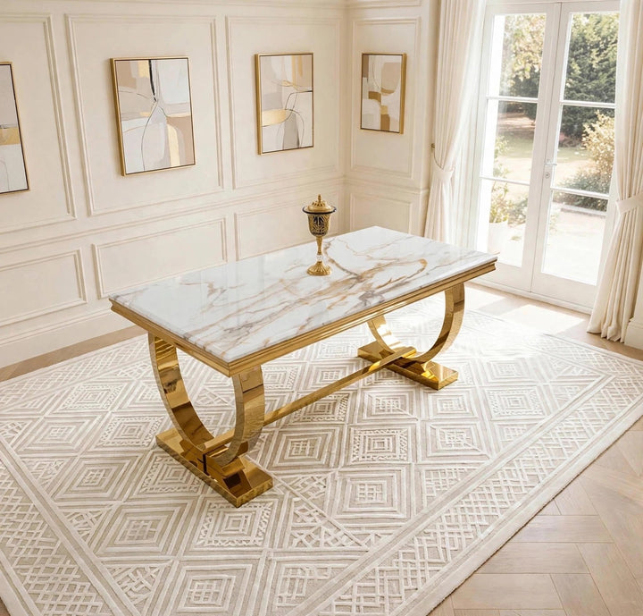 Arianna Black & Gold Marble Dining Table – Luxury Modern Gold Base, 160cm, 180cm & 200cm