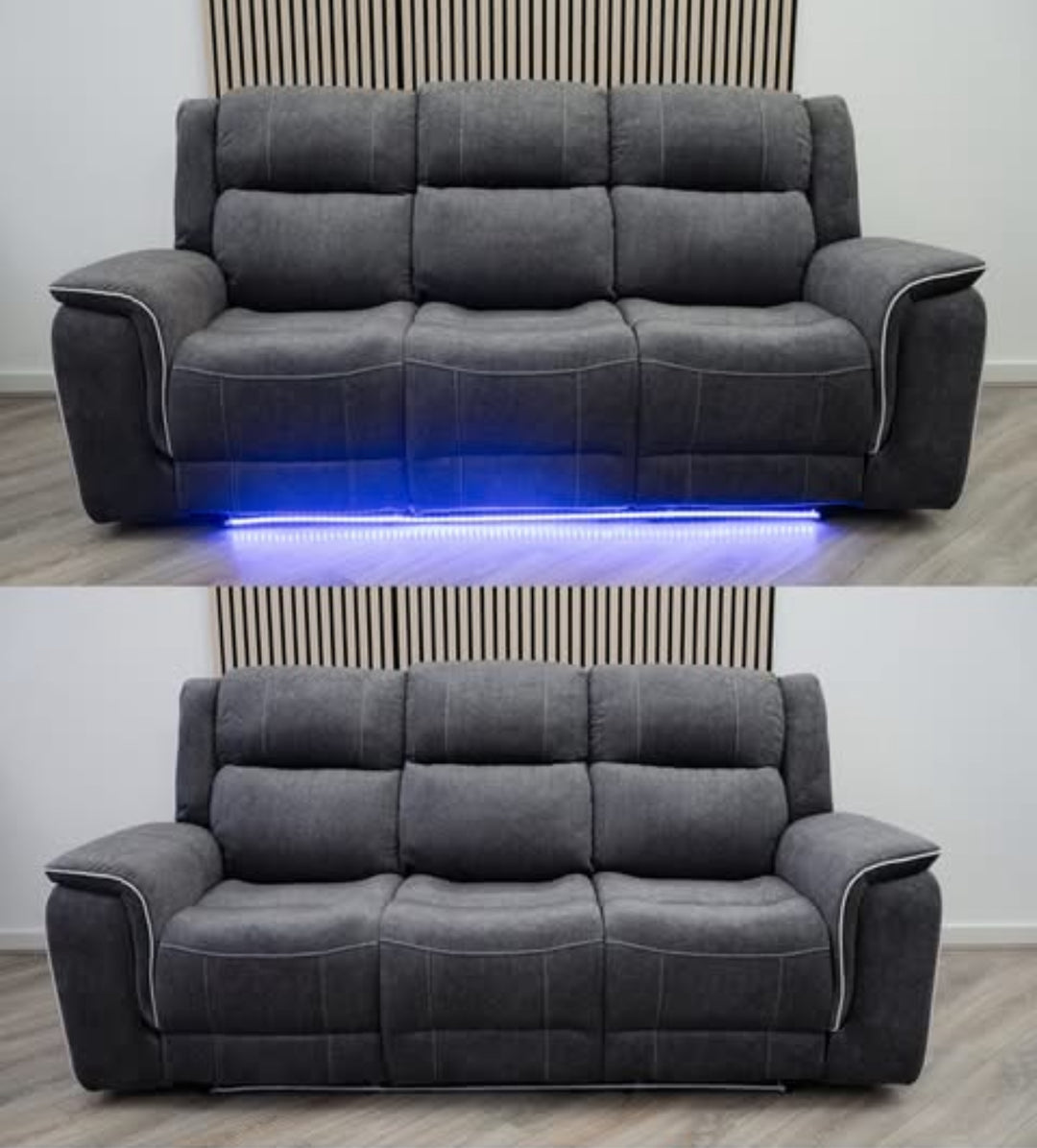 Gray sofa with LED lighting on a wooden floor.
