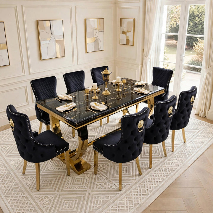 Arianna Black & Gold Marble Dining Table with Victoria Black & Gold Velvet Chairs