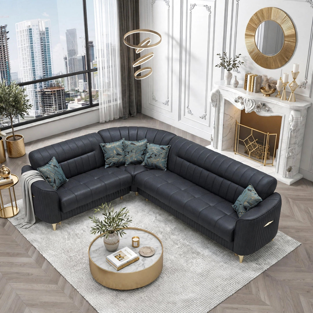 Kay Black Corner Turkish Sofa Bed With Gold – Modern L-Shape Sleeper Sofa with Storage