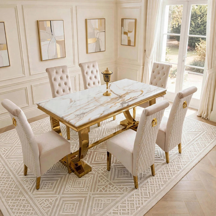 Arianna White & Gold Marble Dining Table with Cream And Gold Lucy Velvet Dining Chairs