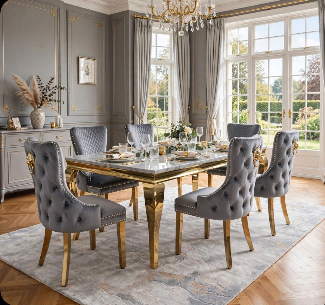 Louise Grey Marble Dining Table With victoria Grey and Gold Dining Chairs