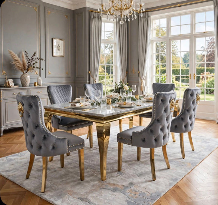 Louise Grey Marble Dining Table With victoria Grey and Gold Dining Chairs