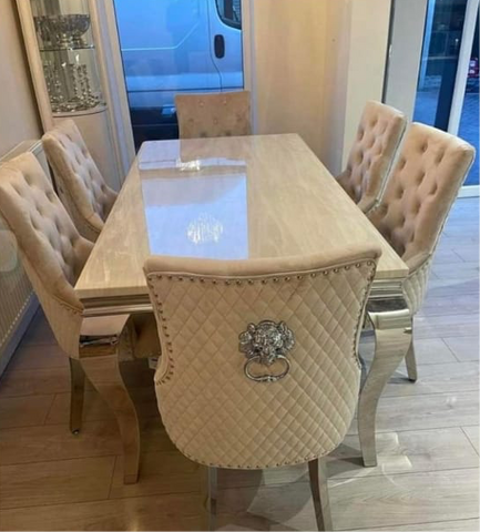 Louis Marble Dining Table With Majestic Lion Knocker Chairs