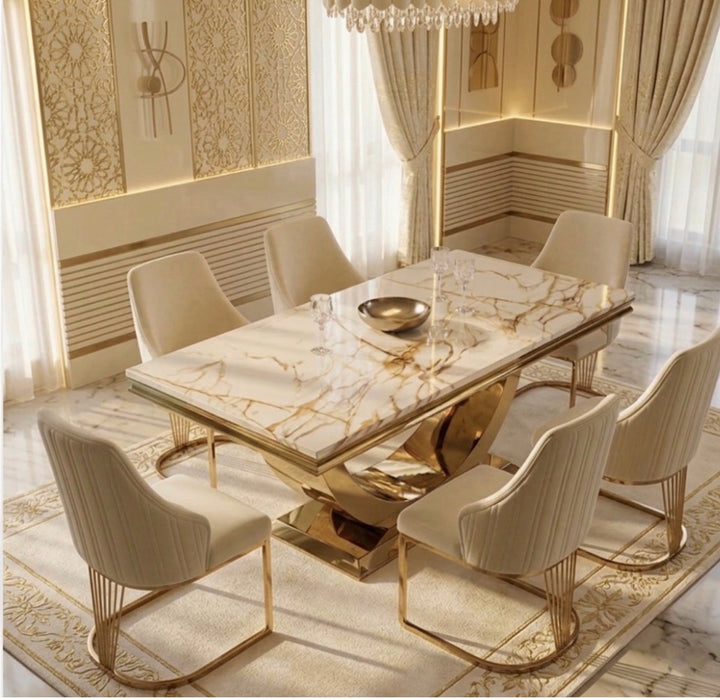 180cm & 200cm London Gold Marble Dining Table White & Gold with Chelmsford Mink & Gold Dining Chairs | Luxury Dining Set UK