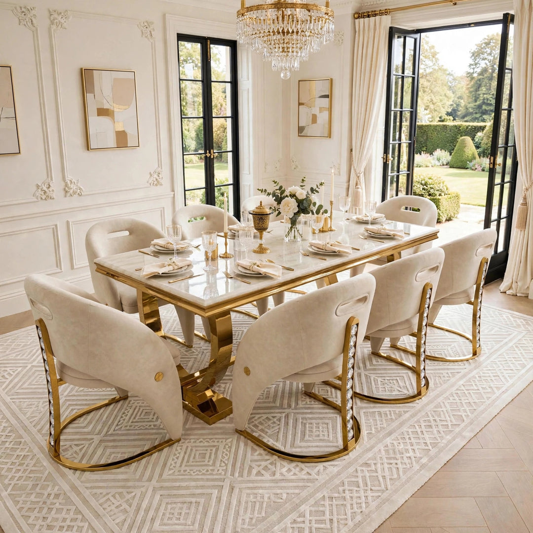 Arriana Cream & Gold Marble Dining Table with Rome Cream & Gold Crystal Velvet Chairs