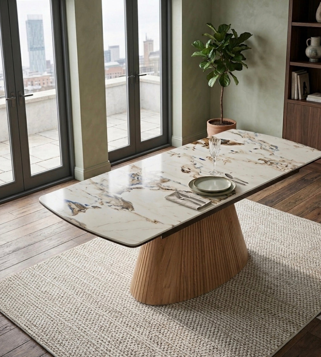 Marino Pandora Beige Extendable Dining Table 160-240cm with Florence 360° Beige Swivel Chairs | UK Home Furniture