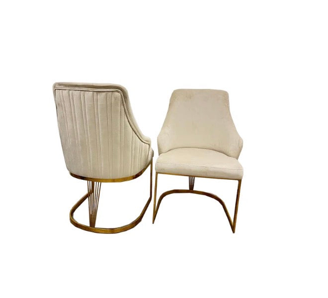 180cm & 200cm London Gold Marble Dining Table White & Gold with Chelmsford Mink & Gold Dining Chairs | Luxury Dining Set UK
