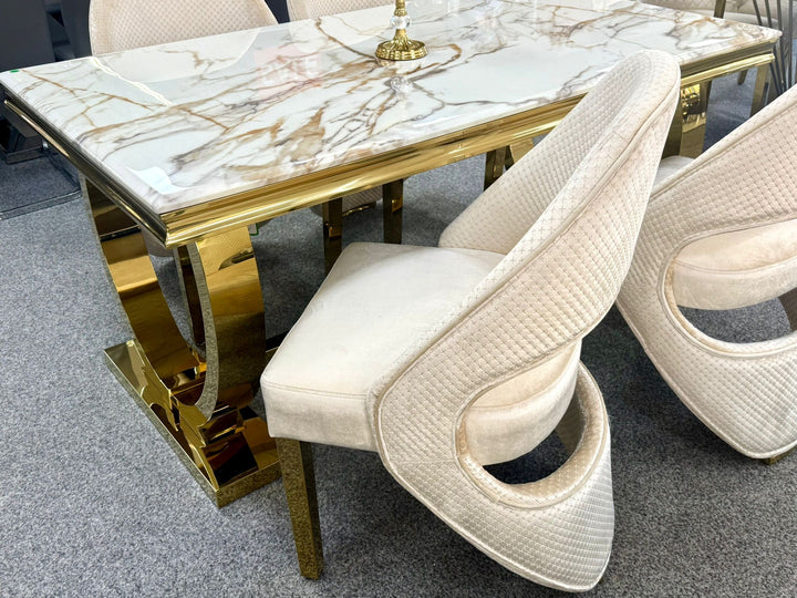 Arianna Gold Marble Dining Table with Santorini Cream & Gold Dining Chairs Set