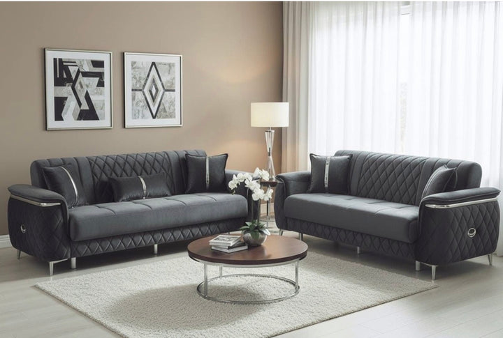 Milan Turkish Grey & Silver Sofa Bed Set with Silver Trim  – 3 Seater, 2 Seater & 1 Seater with Storage | Luxury Living Room Furniture UK